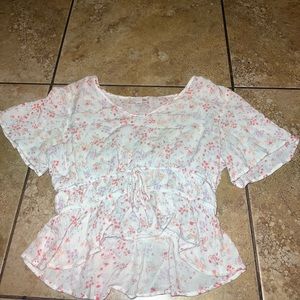 So white, pink, periwinkle, and peachy floral blouse, Women’s size small